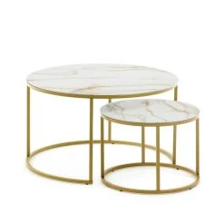 La Forma Table Basse Gigogne Ronde (lot De 2) Effet Marbre Blanc Et Fer Doré - Léonor