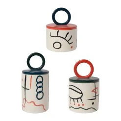 SEMA DESIGN Lot De 3 Pots Avec Couvercle Visage Arty Ivoire Et Noir En Gres